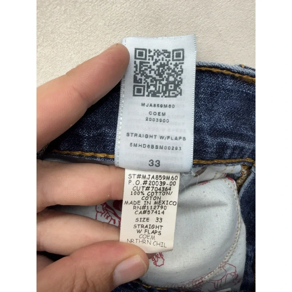 True Religion Ricky Jeans Men's 33 Blue Distressed Straight Flap Big T MJA859M6